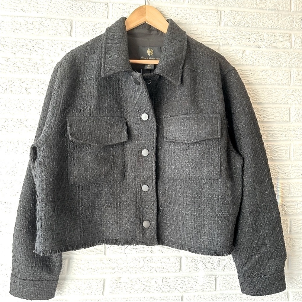 NEW! House of Harlow 1960 Tweed Jacket/Raw Hem/ Snap Front/Front Pockets/Black - Picture 13 of 15